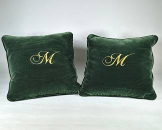 (2pc) Green Velvet Monogrammed Throw Pillows | Green velvet pair of pillows with gold embroidered “M”. - w. 18 x l. 18 in