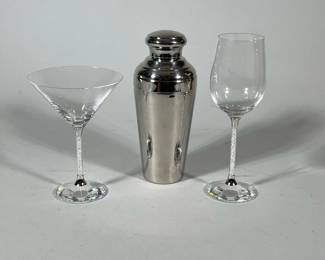 (3pc) Cocktail Shaker And Glasses | Chrome shaker with top, matching martini glass and wine glass by Swarskovski. - h. 9 x w. 4 in (Shaker)