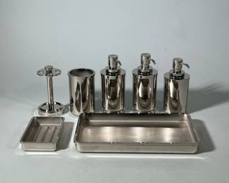 (8pc) RESTORATION HARDWARE Chrome Bathroom Set | Including glass, tray, 3 dispensers, soap tray, large tray and toothbrush/razor holder. - w. 8.5 x l. 8.5 in (Tray, Dispenser 7.5”h)