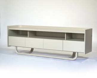 RESTORATION HARDWARE RIVET RECTANGULAR DINING TABLE, GLASS TOP | Off-white sideboard with matte finish. Having 3 shelving compartments, 3 drawers, and curved open base structure - h. 24 x w. 71 x d. 17.5 in