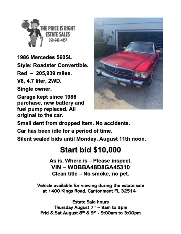 Mercedes 560SL Roadster Convertible - bids close Noon on Monday, 8/11