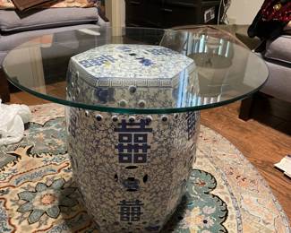 Blue/ White ceramic glass top table $55