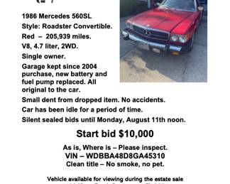 Mercedes 560SL convertible.  Silent auction - bids close at 12:00PM Monday, August 11th.