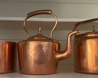 copper sauce pan and tea pots