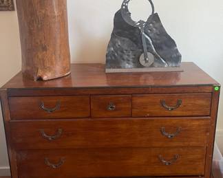 Mahogany bureau, drum, and sculpture