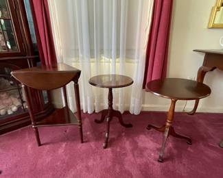 Queen Anne tables. Triangular table with folding leaves at sides. Small round table. Folding end table. 