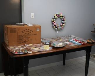 Dinette table, jewelry, Vintage new Christmas china. 