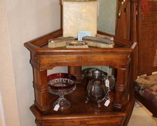 Two side table, antique pearl handbag, silvertone dressing table pieces.