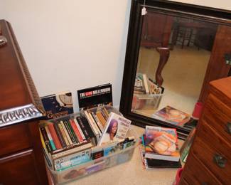 Books, mirror.