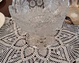 Early American Pressed Glass Compote on hand-made, crocheted centerpiece