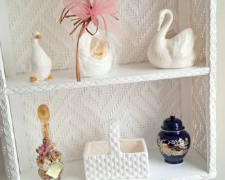 Two tier shelf with vintage swan figure basket, vase and bottle