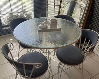 Woodard Vintage Wrought Iron Table w/4 chairs. (Never been outside, original upholstery)