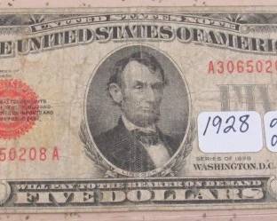 1928 Double Dated $5.00 Red Seal Note