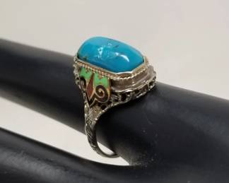 14k gold ring with enamel and turquoise ring