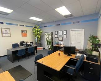 art, chairs, desks, filing cabinets, plates, globe, art