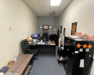 swivel chairs, filing cabinets, art, globe, table, bookshelf