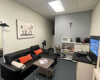sofa, art, pillows, coffee table, TV, microwave, bookshelf, coffee table, fan