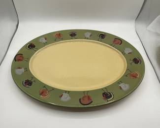 This collection includes a porcelain serving platter with a green border with turkeys throughout the border. Made by TAG, this platter is a perfect staple pieces for Holiday entertaining. Also included is three sets of small turkey salt and pepper shakers that can be shared at a large Thanksgiving dining table.
