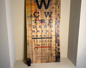 Vintage Eye Chart Wall Art, wood panel design. Perfect for home decor or as a unique gift. Lot includes a miniature statue. 