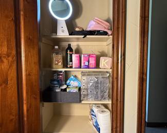This is a huge collection of bathroom supplies that are necessities in any home! Lot includes a re-chargable LED mirror, soap, kleenex, organizing supplies and the always coveted Toilet Paper! Don't squeeze the Charmin! 