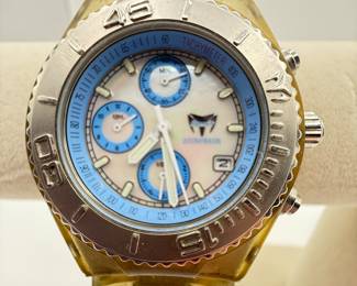 TechnoMarine Chronograph Watch featuring a blue dial with three sub-dials, stainless steel and plastic case, and a bold design. Battery recently replaced, appears to be working, future mechanical state not guaranteed. See pictures for more details.