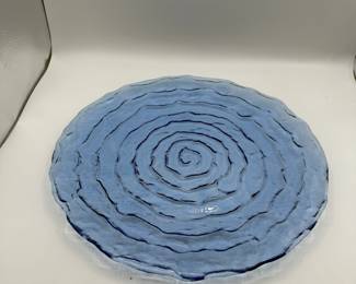 Art Glass Platter featuring a unique blue ripple design. Ideal for collectors and home decor enthusiasts. See pictures for more details.