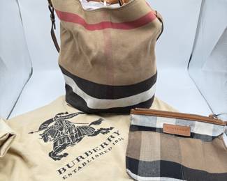 Burberry Canvas Bucket Bag with Brown Leather Accents and Check Pattern