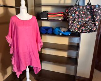 A stylish pink tunic top with ruffle details in beautiful condition, a collection of cami's for layering, a set of neck pillows, LeSportsac Travel Duffle in very good used condition. 
