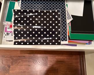 The cabinet has a smooth surface with a few visible scratches. Each drawer has a horizontal handle for easy opening. The cabinet is mounted on rolling wheels, allowing for mobility.

Also included is a large collection of Cricut supplies. 