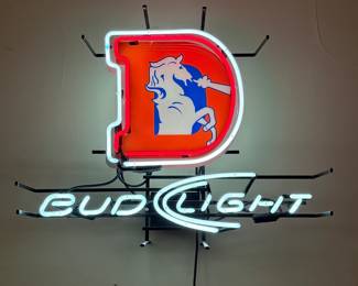 Bud Light Neon Sign featuring Denver Broncos logo. A vibrant and iconic piece for any sports bar or fan cave.