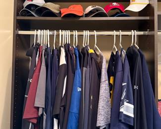 A diverse collection of men's shirts and caps. Includes various brands and styles for casual wear. See pictures for specific details.