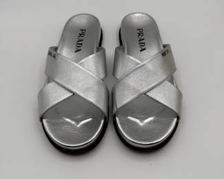 Prada Silver Slides Size 39 in Beautiful Condition