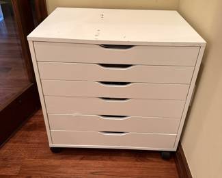 The cabinet has a smooth surface with a few visible scratches. Each drawer has a horizontal handle for easy opening. The cabinet is mounted on rolling wheels, allowing for mobility.

Also included is a large collection of Cricut supplies. 