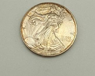 A 2020 American Silver Eagle coin showcasing Lady Liberty in a flowing gown, with the sun rising behind her. The obverse features the inscription 'LIBERTY' and 'IN GOD WE TRUST' along the side. The reverse displays the American bald eagle with a shield, surrounded by the text 'UNITED STATES OF AMERICA' and 'ONE DOLLAR'. The coin has a silver color and is round in shape.