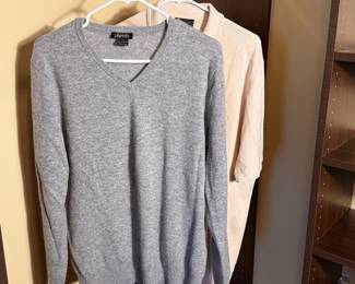 Lot includes a gray merino wool v-neck sweater and a light pink cotton blend sweater. Sizes and brand details available in images.