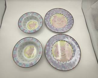 153 MacKenzie Childs Children's Pig-Themed Plate and Bowl Set - Enamelware