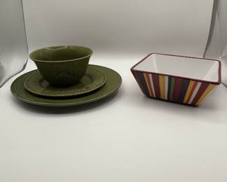 This is a beautiful vintage collection of dinnerware. High end everyday dinnerware meant to stand the test of time. The dinnerware has a pine cone motif and his accompanied by modern deep cereal/salad bowls. Set count is as follows:

12 Dinner Plates
12 Salad Plates
11 Green Cereal Bowls
9 Modern Stripe Bowls
4 Small white tapas bowls