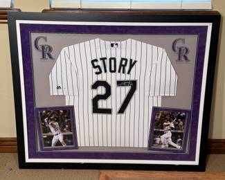Framed signed jersey of Trevor Story, #27, with accompanying photographs. Features a Colorado Rockies theme. See pictures for more details.
