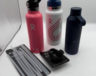 Hydro Flask Water Bottle USA in new condition, one used hydroflask bottle and one water bottle "off brand." Also included are a replacement lid and straws, along with a straw cleaning kit. 