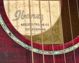 Black acoustic guitar with a glossy finish featuring a sunburst design. It includes colorful decorative stickers of a shield and a deer, positioned on the body. The brand name 'Ibanez' is displayed on the headstock and the label inside the guitar indicates the model AEG20II-TRS-BR-01. The fretboard is made of dark wood with gold tuners, and the guitar is housed in a fitted hard case with a soft interior lining.