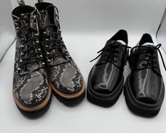 A pair of iconic Marc Fisher ankle boots with a snakeskin pattern featuring shades of gray and black, adorned with metallic eyelets and laces. The boots have a chunky sole with a rugged tread. The second pair is from Anthropologie and made from shiny leather, featuring a rounded toe and traditional laces. The dress shoes have a thick black sole with a slightly elevated platform design.