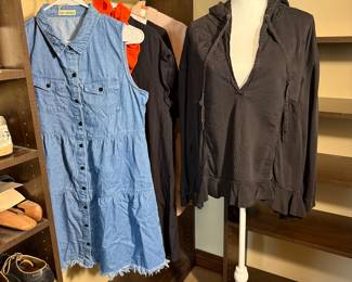 Women's Clothing Lot featuring a denim shirt dress, a black casual dress from Daily Practice, a black t-shirt from Free People “we the people”, and an oversized hoodie dress from All Saints. All are in very good used condition. Enjoy the best in fashionable leisure ware. 