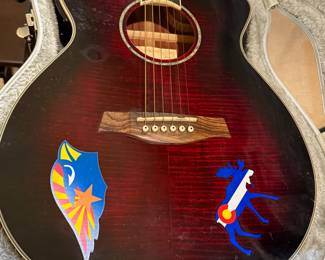 Black acoustic guitar with a glossy finish featuring a sunburst design. It includes colorful decorative stickers of a shield and a deer, positioned on the body. The brand name 'Ibanez' is displayed on the headstock and the label inside the guitar indicates the model AEG20II-TRS-BR-01. The fretboard is made of dark wood with gold tuners, and the guitar is housed in a fitted hard case with a soft interior lining.