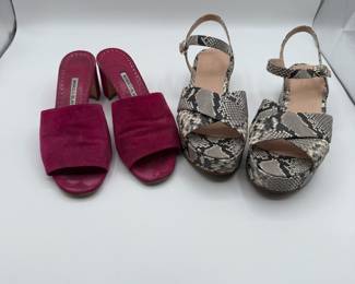 One pair of open-toe pink suede heel shoes with a square cutout front. The second pair features a snake print design with a closed toe and ankle strap. Both pairs have a block heel and are made of synthetic materials.