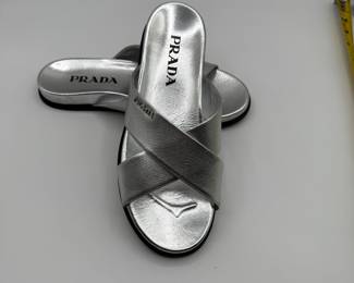Prada Silver Slides Size 39 in Beautiful Condition
