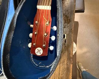Black acoustic guitar with a glossy finish featuring a sunburst design. It includes colorful decorative stickers of a shield and a deer, positioned on the body. The brand name 'Ibanez' is displayed on the headstock and the label inside the guitar indicates the model AEG20II-TRS-BR-01. The fretboard is made of dark wood with gold tuners, and the guitar is housed in a fitted hard case with a soft interior lining.