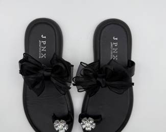 Elegant Black Slide Sandals with Bow and Gem Detail - Size 8M