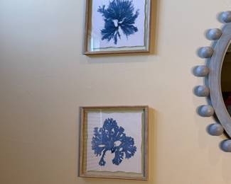 This item features a set of four framed blue coral botanical art prints. Each print is displayed in a light wooden frame with a natural finish. The artworks depict intricate blue coral illustrations on a white background. The frames are rectangular in shape, showcasing the delicate, organic forms of the coral, enhancing the overall aesthetic with a coastal theme.