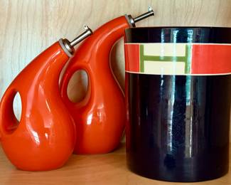 Rachel Ray Stoneware Oil & Vinegar Dispensers & Art Pottery Utensil Holder by Jill Rosenwald