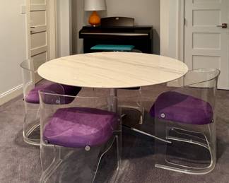 Marble Top Table & 4 Vladimir Kagan Design Acrylic Chairs